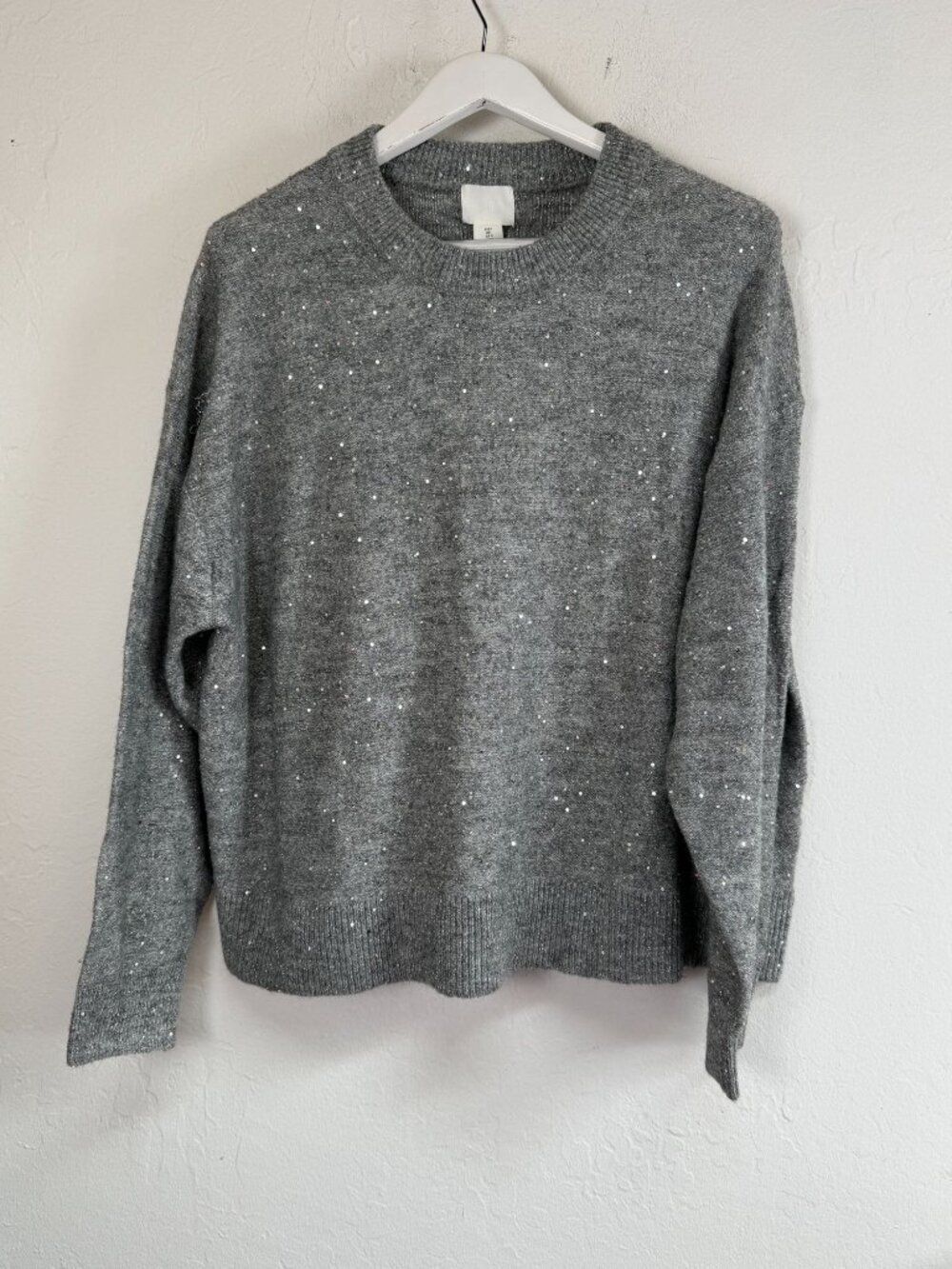 H&M Women's Large Gray Sequin Wool Blend Metallic Crewneck Sweater Pullover New